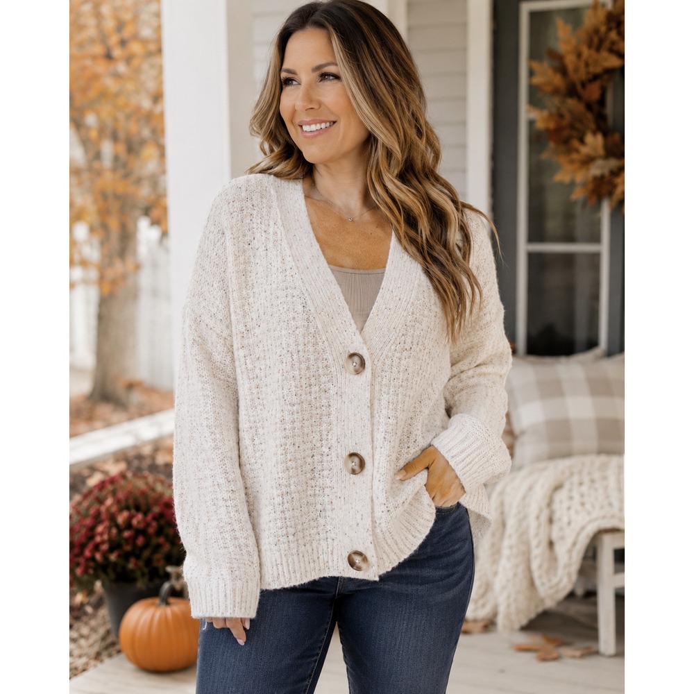 Universal Thread Women XXL Cream Flecked Cardigan 49" Chest Grandpa Sweater Cozy
